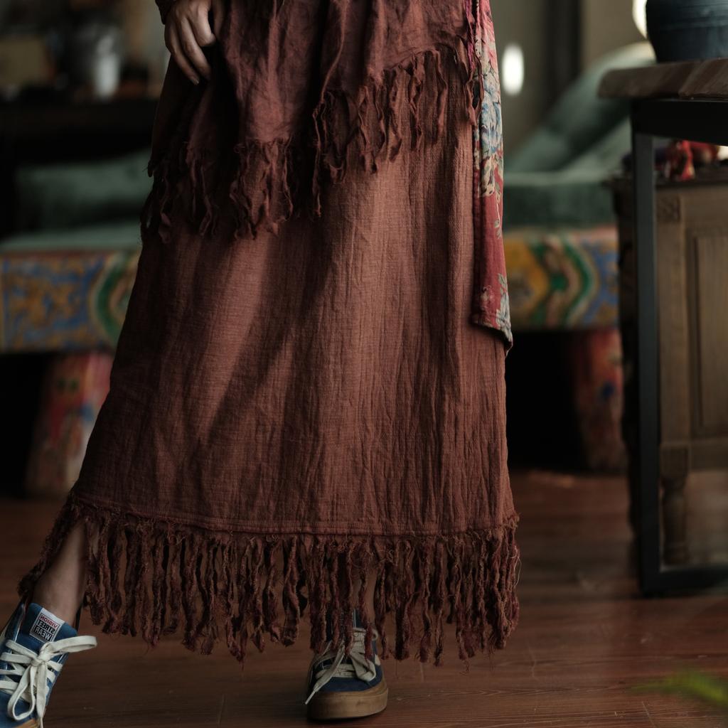 Johnature Women Vintage Skirts Elastic Waist Solid Color Autumn Patchwork Tassel A-Line Female Skirts