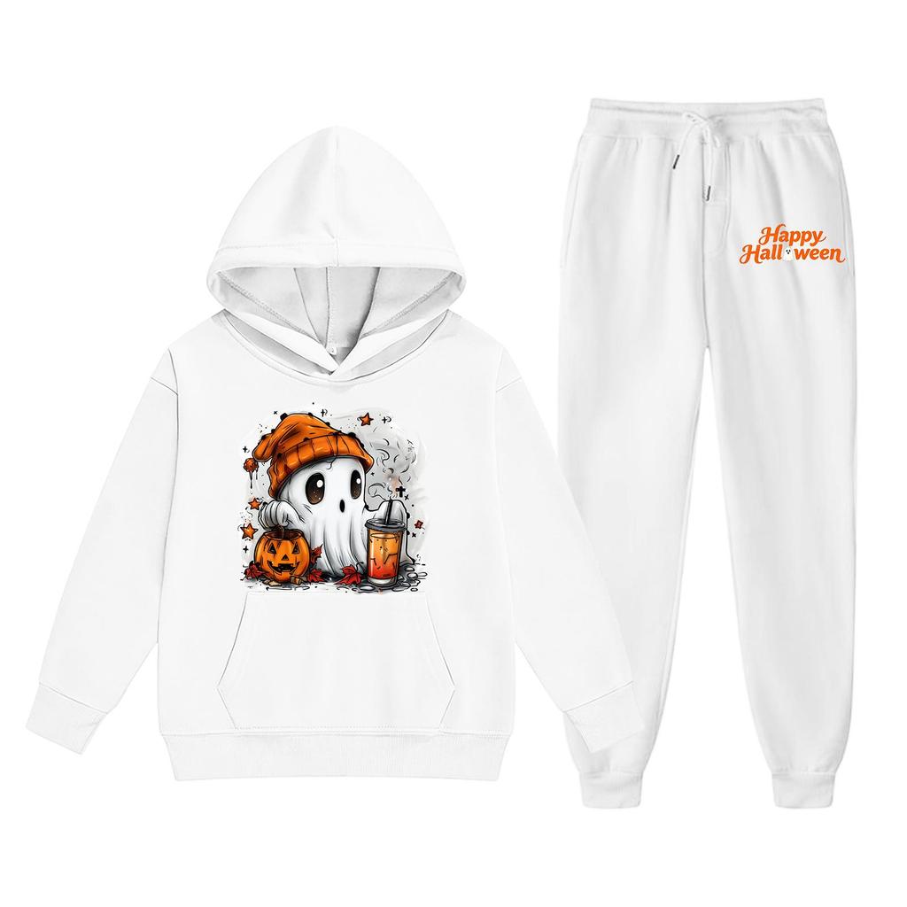 Kids Halloween Hoodie Set Ghost Print Pullover Sweatshirt with Matching Pants Comfortable Fit for Fall and Winter Seasonal Wear