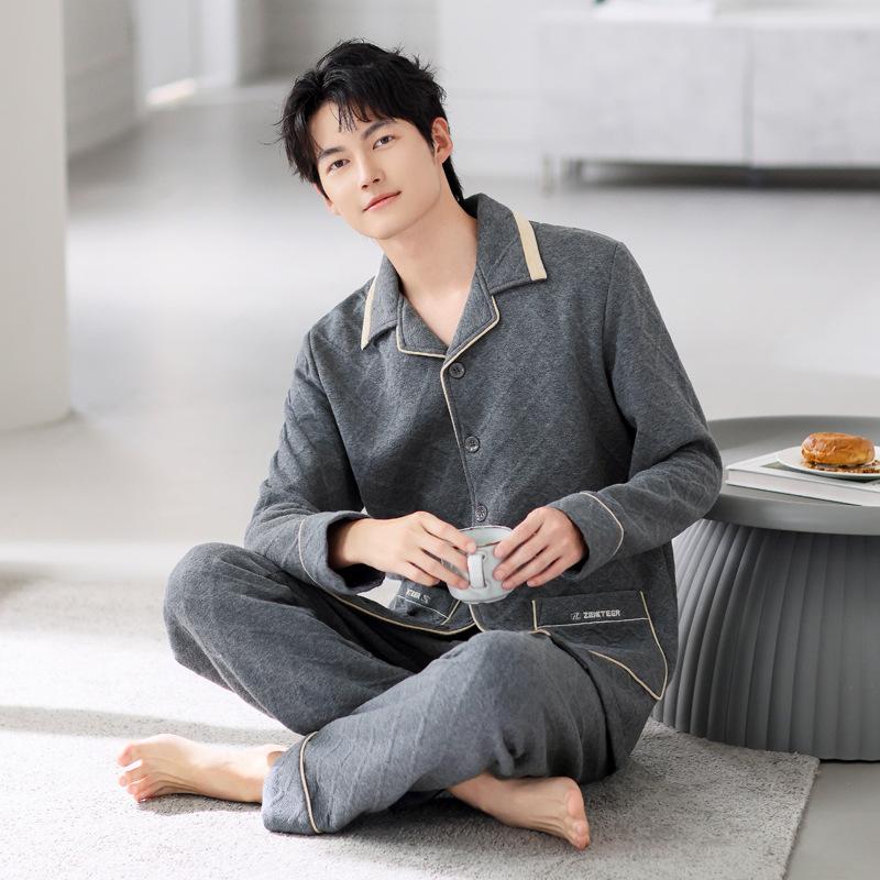 Pajamas Men'S Spring And Autumn Thickened Cotton Long Sleeve Autumn And Winter Air Cotton Padded Men'S Winter Interlayer Homewear
