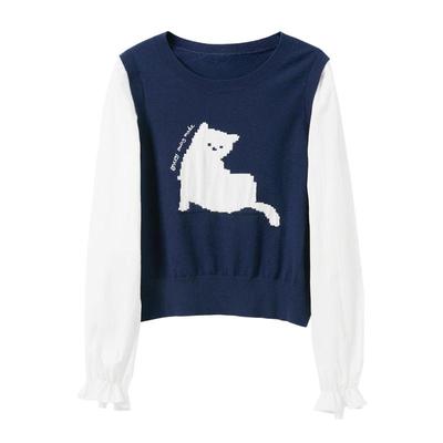 Sancai 2026 Spring Women's Faux Two-Piece Knit Pullover with Cat Patch