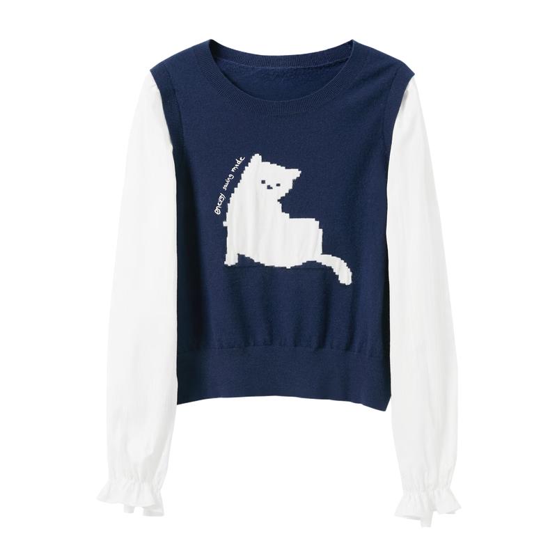 Sancai 2026 Spring Women's Faux Two-Piece Knit Pullover with Cat Patch