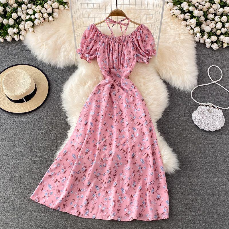 

Chic Slim Looking Summer First Date Halterneck Large Swing Dress Pink All yards