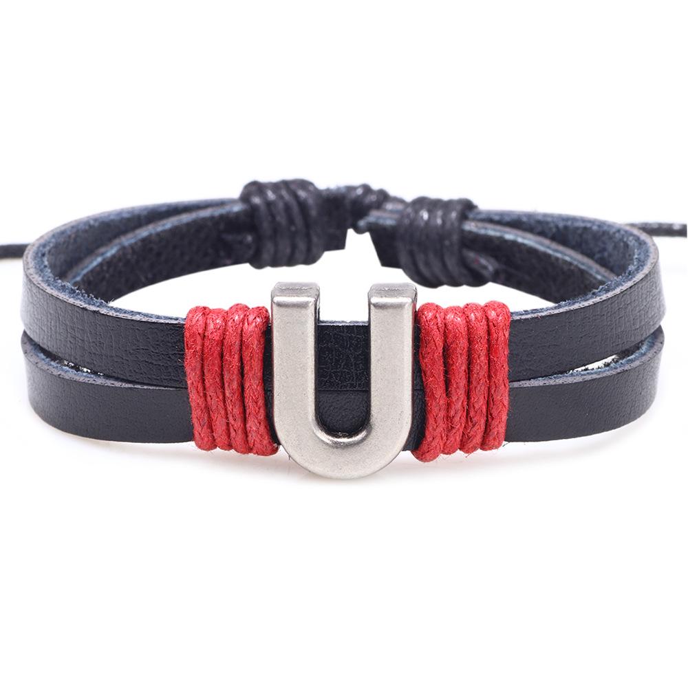 Handmade Woven Leather Bracelet with English Letter Charms