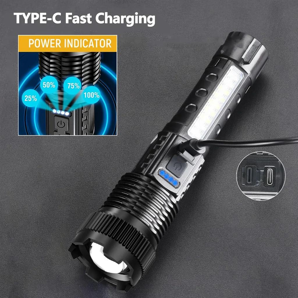 Powerful Flashlights Type-c Rechargeable Torch Light High Zoom LED Flashlight Built-in Battery for Camping Emergency Lamp
