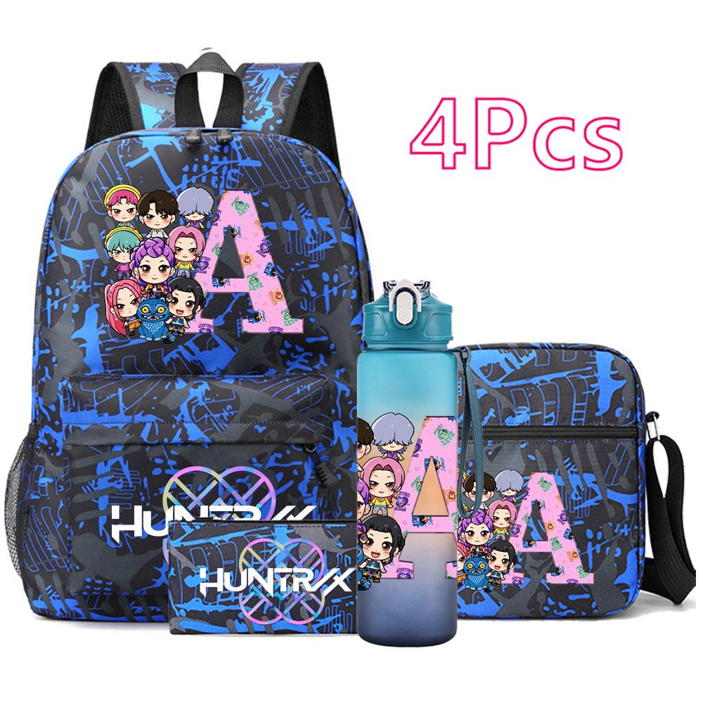 4Pcs/set 26 English Letter Printed Backpack Large Capacity Bookbag Shoulder Bag Case Bag with 750ml Water Bottler Boy Girl Waterproof SchoolBag Gift