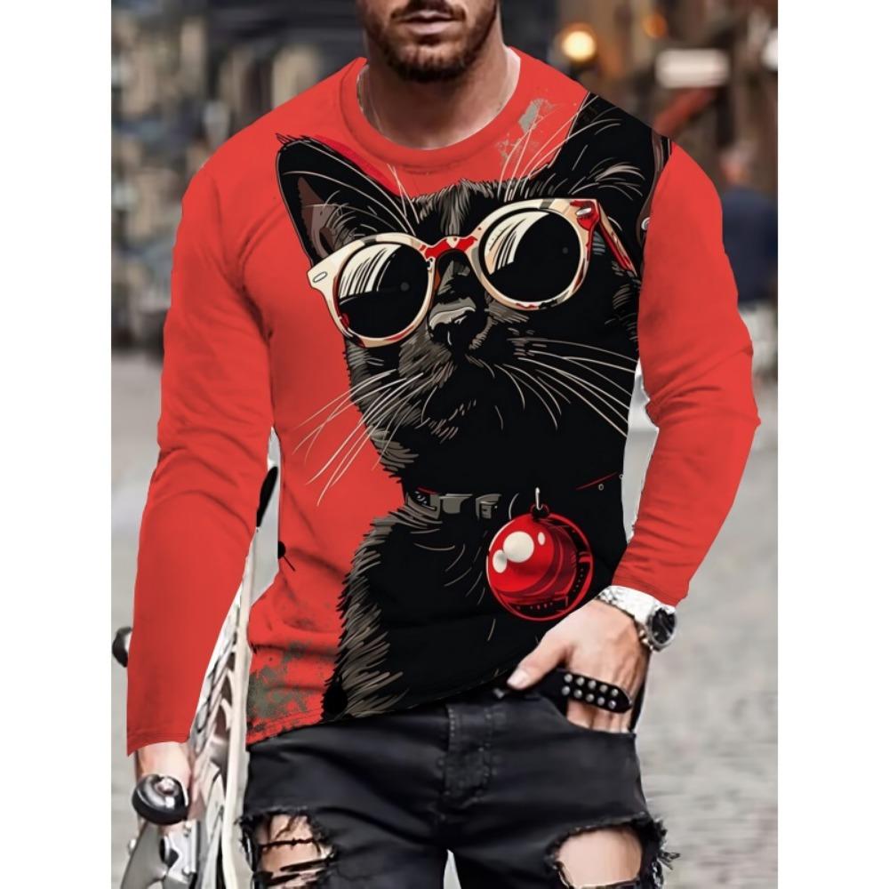 Skeleton Sheep Horn Pattern T-Shirt For Men Tiger Cat Deer 3D Printed T Shirts Autumn Casual Loose O-Neck Tops Tees Long Sleeves