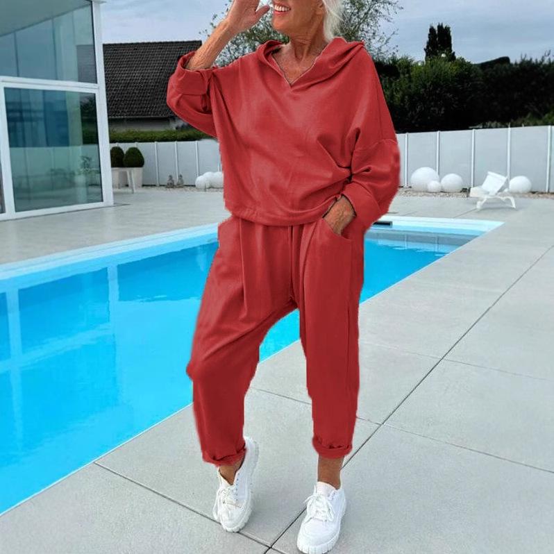 Autumn Women's Solid Color Hooded Sweatshirt Set