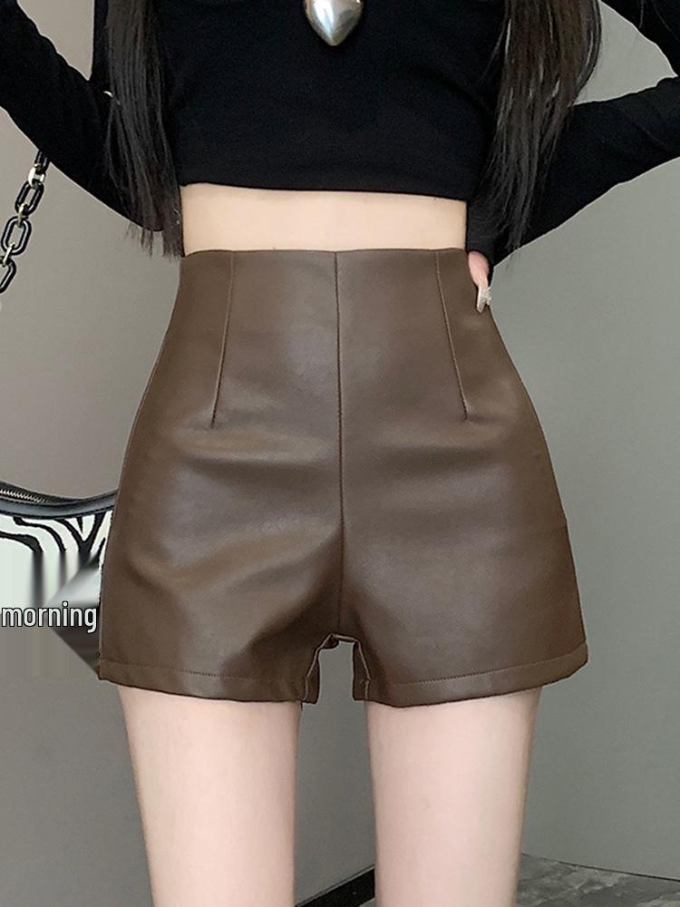 

Elastic High Waist A-Line PU Leather Autumn/Winter Slimming Booty Shorts for Women 2XL кофейный