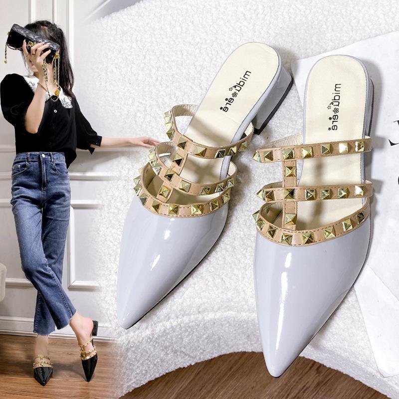 Rivet shoes French sense rivet cool slippers women's summer wear flat-bottomed summer and Korean version patent leather pointed head half slippers