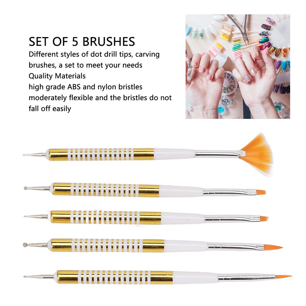 5Pcs Double Ended Nail Brushes Professional DIY Nail Art Liner Brush Dotting Pen with Dustproof Lid for Home Nail Salon