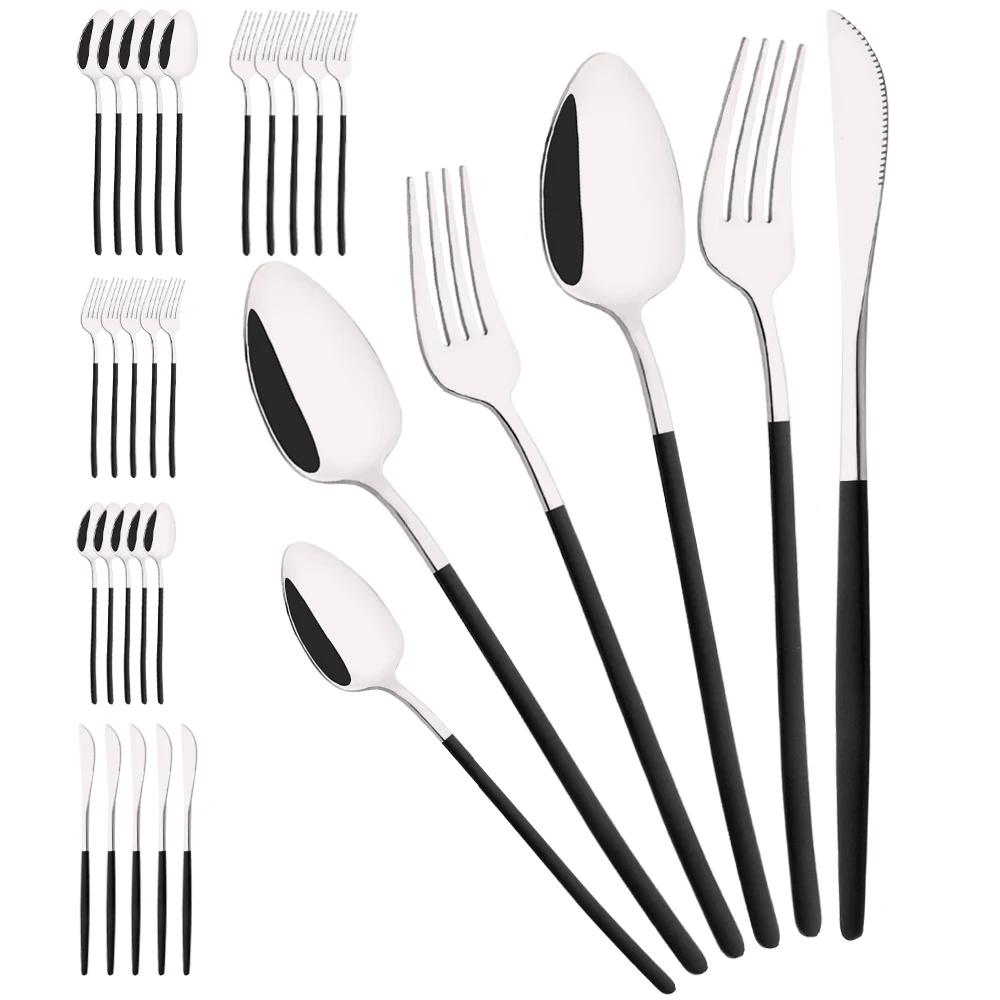 36Pcs Black Cutlery Sets Stainless Steel Knife Fork Spoon Tableware Dessert Mirror Flatware Set Festival Kitchen Dinnerware Gift