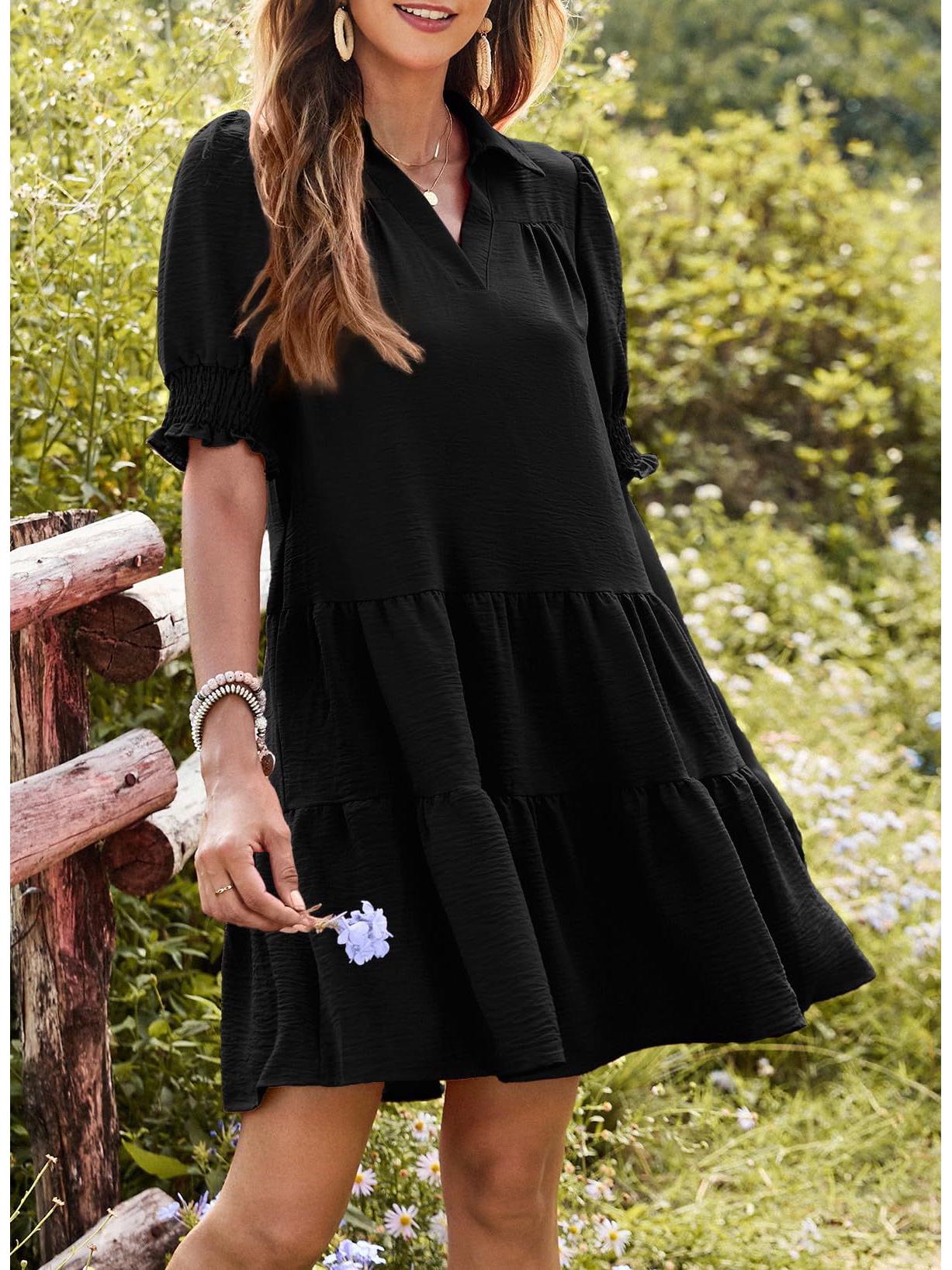 

2025 Весна/Лето Европейский и Американский V-образный вырез Плиссированное Однотонное Платье с Рукавами-Буфами в Лоскутной Технике XL чёрный