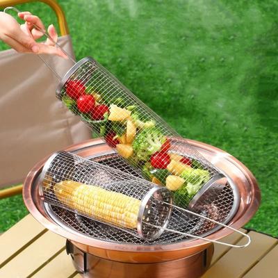 Portable Stainless Steel Barbecue Cages Grill Basket Camping Picnic Cookware Outdoor Round BBQ Campfire Grid Rolling Grill Baske
