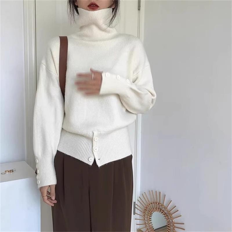 Retro High Neck Button Sweater: Women's Autumn/Winter Solid Color Knit with Slit