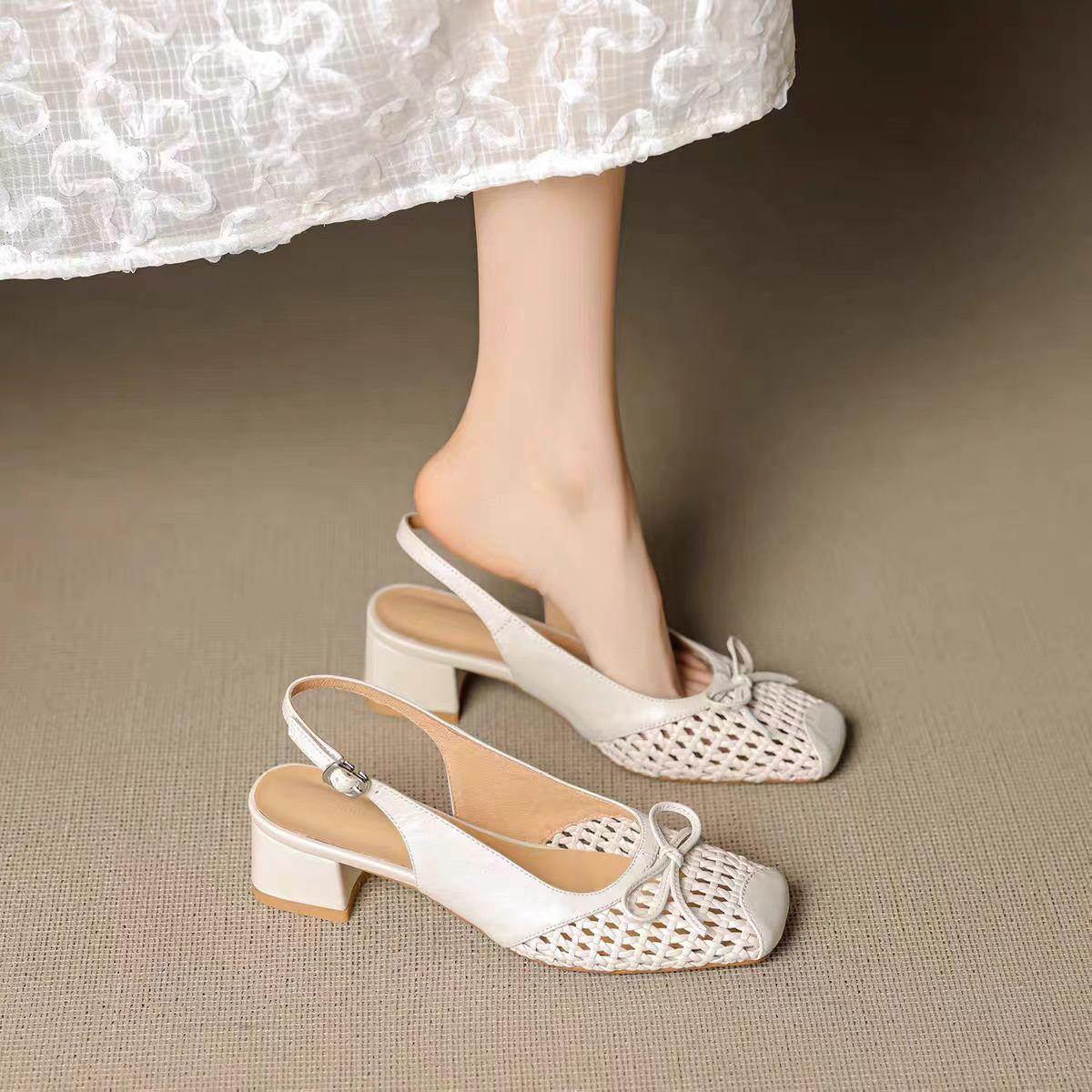 Retro leather square-toe woven high-heeled sandals, summer fashionable breathable single-buckle thick-heeled women s shoes 35