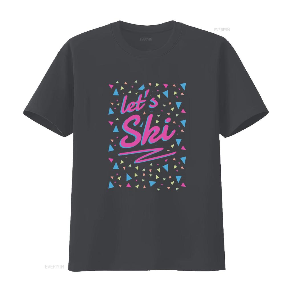 Let S Ski Women 80s Style Retro Après Snowboard Slogan T Shirt Vintage Washed Fashion Top For Everyday Wear Stretched Slightly