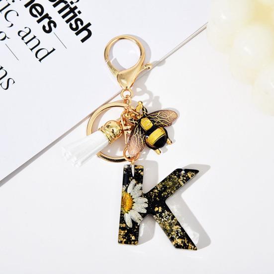 Dried Flower Letter Charm Bee Keychain Pendant Resin Black 1 Pc