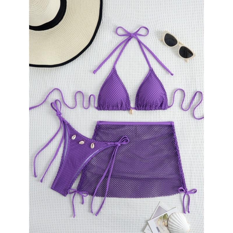 Brown Fishnet 3 Piece Bikini Set with Seashell Decor & Cover Up Skirt