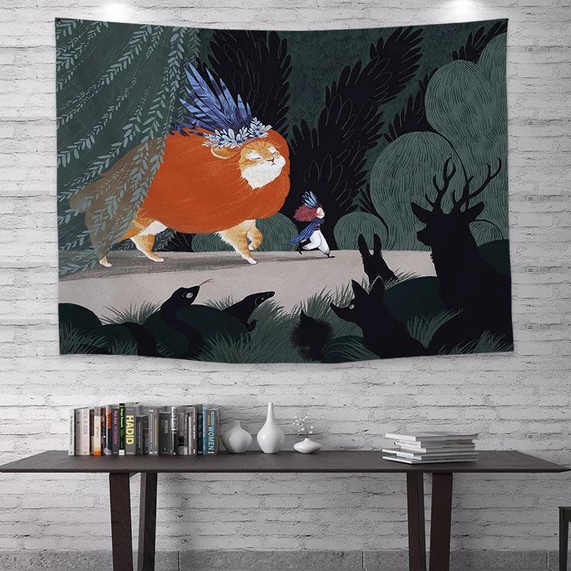 Cartoon Illustration Cat Print Hanging Cloth Home Wall Decoration Tapestry Bedroom Living Room Tapestry