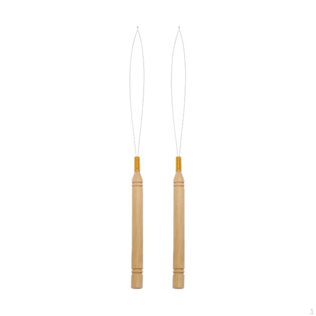 2Pcs Hair Extension Threaders Multifunctional Needle Wooden Handle Loop for