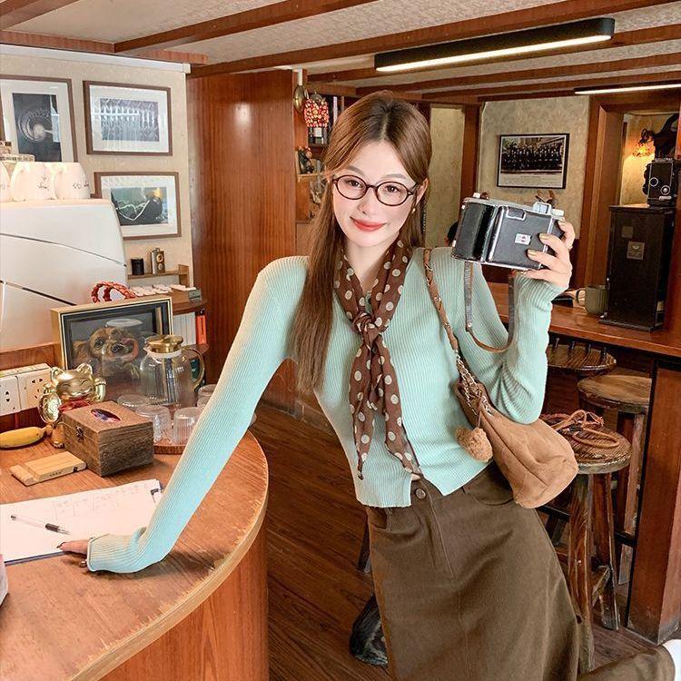 

Spring Slim Fit Knit Sweater & High-Waisted Skirt Set with Scarf S (Recommended 37.5-47.5 kg)