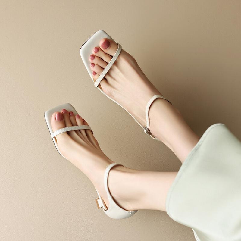 New women's one-word sandals women's square head comfortable beef tendon soft sole large size summer sandals women's leather medium heel solid color