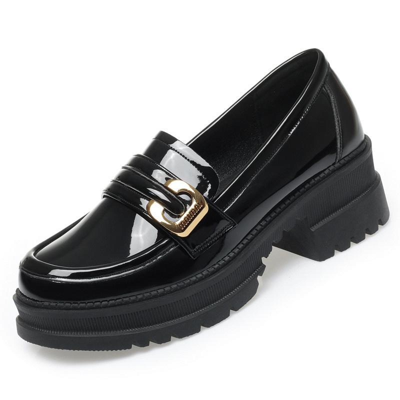 Women  Spring Autumn Deep Mouth High Heels Loafers Patent Leather Chunky Platform Pumps Slip On Black Office Mary Jane Shoes