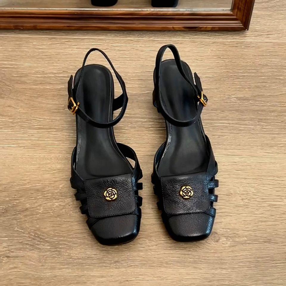 Keep version~ Camellia retro thick heel bag head sandals women's spring and summer new hollow woven Roman sandals women