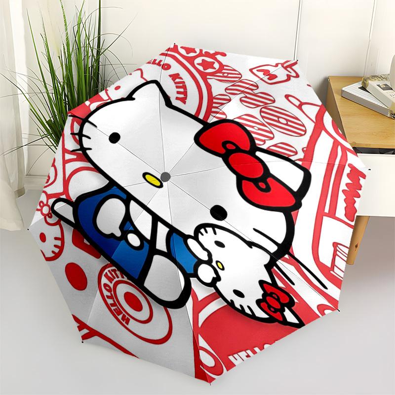 1 Stück Hello Kitty, Rot und Weiß, Automatisches Öffnen/Schließen, 8-Speichen Langlebiges Gestell Kompakter Reise-Regenschirm für Damen und Herren S1222055