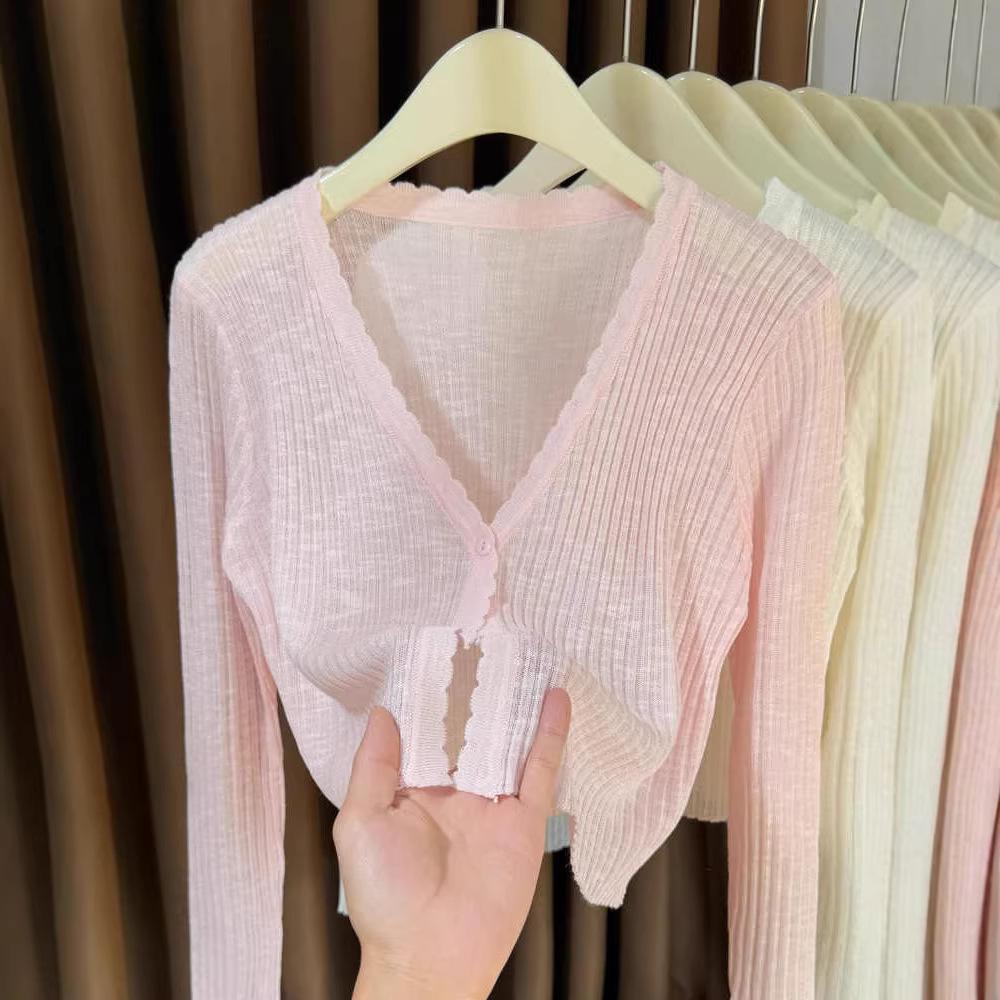 Light and thin knitted sunscreen cardigan for women with suspender skirt in summer, ice silk short small shawl slightly transparent blouse for women