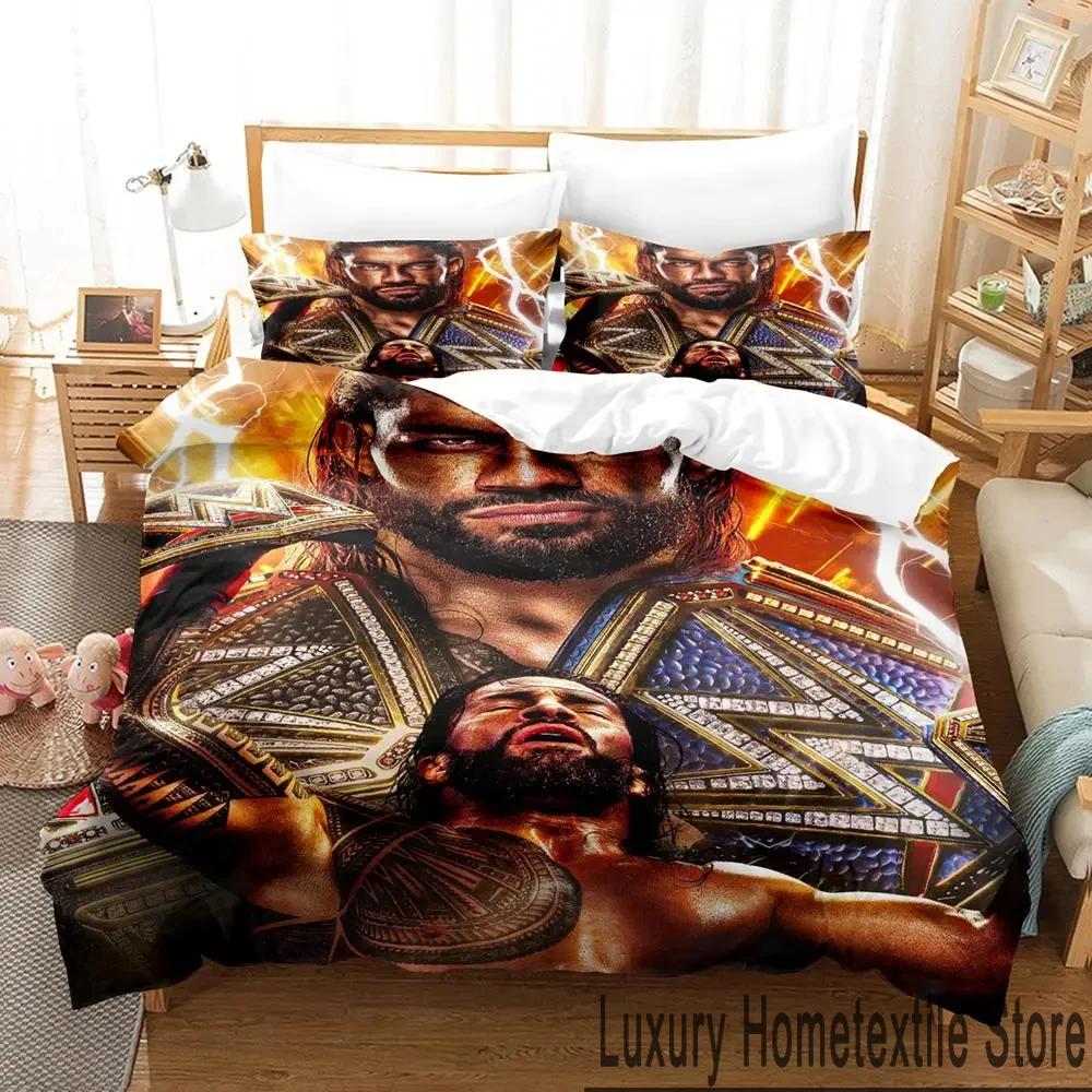 3D-gedrucktes Wrestler-Bettwäsche-Set Roman Reigns für Jungen und Mädchen (Einzel-, Doppel- und Kingsize-Größen) – Bettbezug und Kissenbezug für Erwachsene