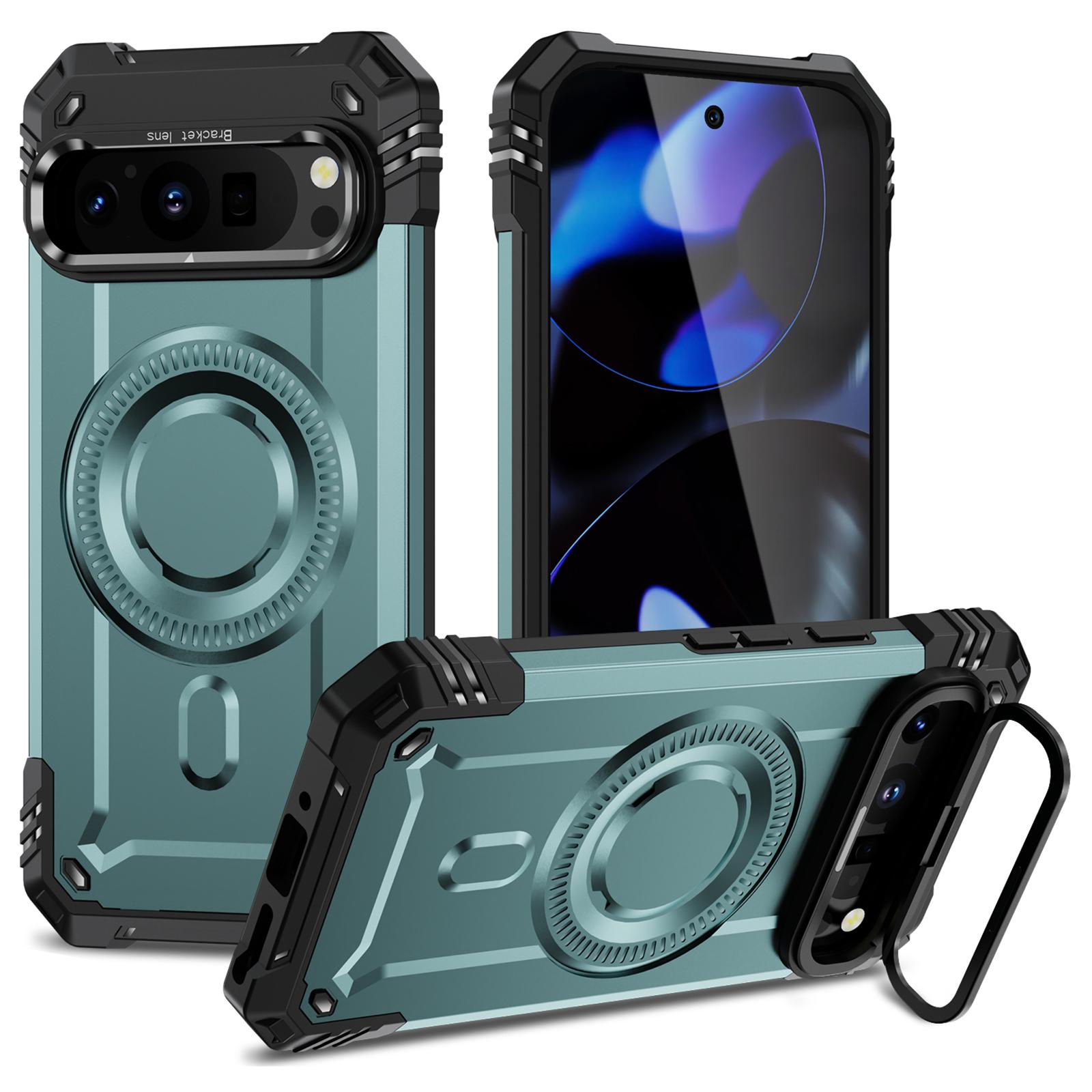 

For Google Pixel 9/9 Pro Case Compatible with MagSafe Metal Lens Frame Kickstand PC+TPU Mobile Cover Grey Green