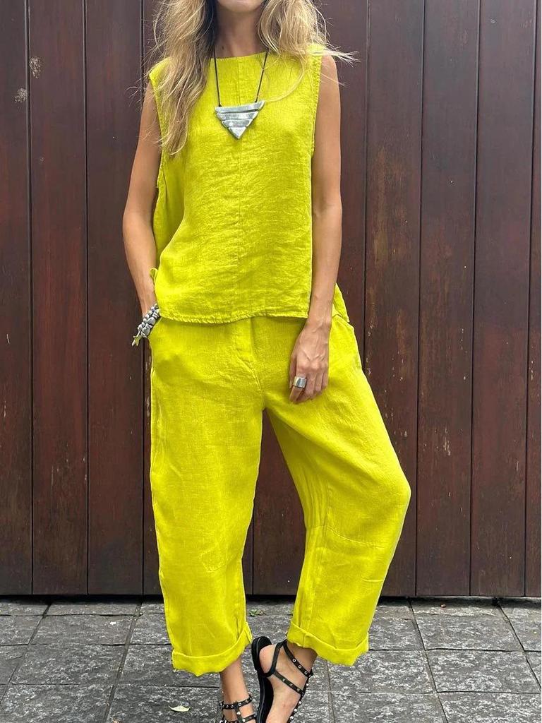 2024 Spring/Summer Cotton Linen Casual Two-Piece Set: Sleeveless Top & Loose Long Pants for Women