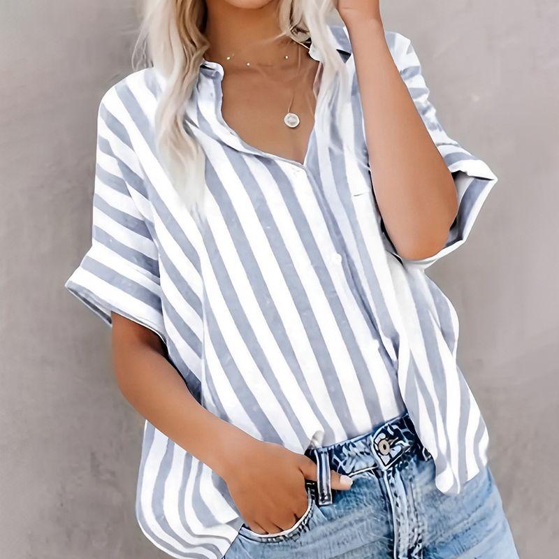 European and American Foreign Trade Women clothes Spring Summer Leisure Commute Print Stripe Contrast Color Short sleeve Cardigan Shirts Women's Top