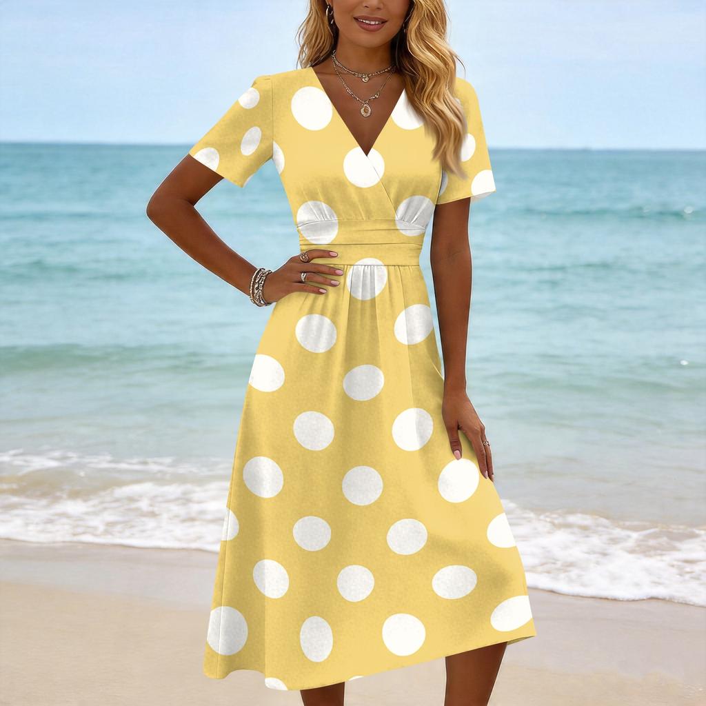 Women Casual Polka Dot Print V Neck Short Sleeve Midi Dress Loose Fit Summer Fashion Lightweight Dress for Daily Wear