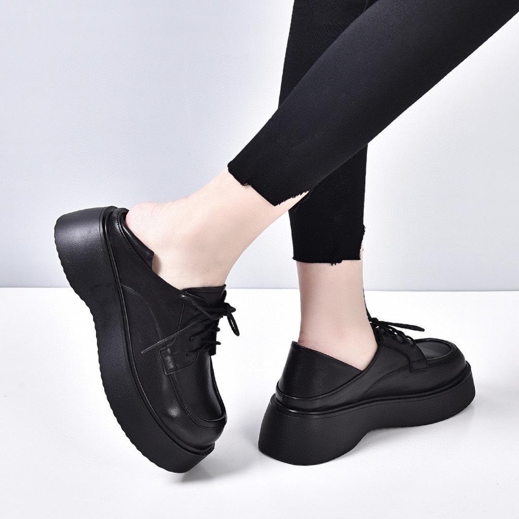 Women's Shoes 2025 Spring New Single Shoes Thick-soled Muffin Bottom First Layer Cowhide Lace-up Two Wear Flat-bottomed Round Head Casual Shoes