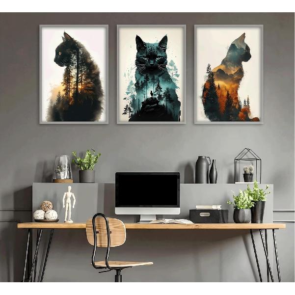 Funny Animals Canvas Wall Art Cute Black Cat and Forest Theme Pictures Wall Decor Abstract Sunset Mounta Nature Landscape Poster Painting Prints