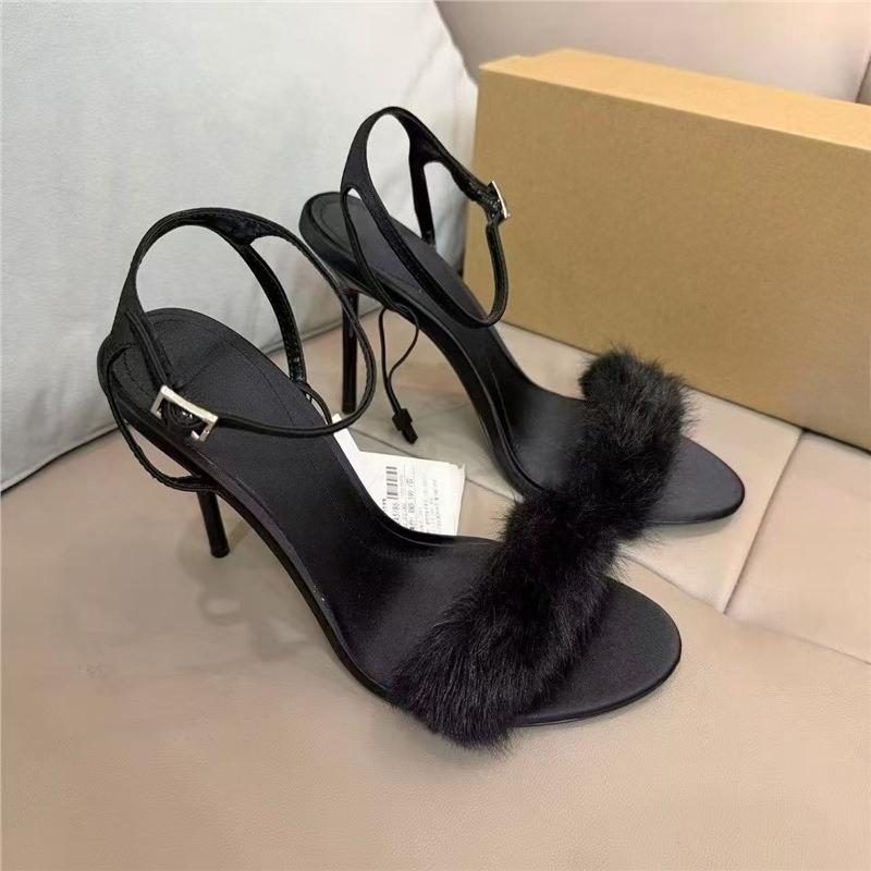 Sexy Black Fur Sandals Women Fluffy High Heels Stiletto Ankle Strap Open Toe Summer Party Shoes Ladies Nightclub Dress Pumps
