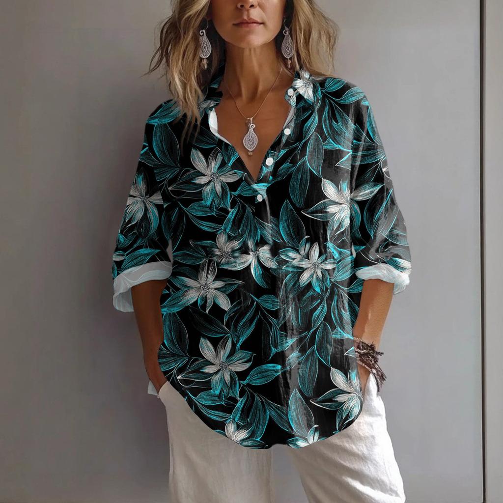 Women's Casual Spring And Summer Loose Printed Casual Sleeved Lapel Pullover Shirt