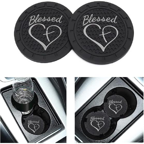 Blessed Cross and Heart Christian Auto Car Truck SUV Cup Holder Coaster for Blessed Car Interior Accessories 2-Pack (for Blessed White) For Blessed White