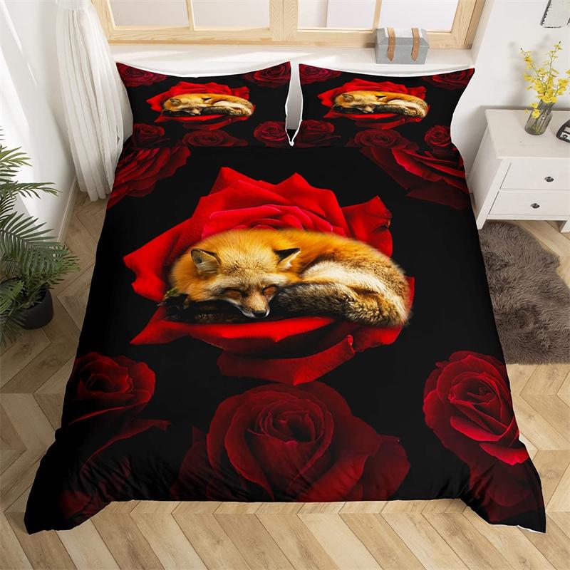 Hochlandkuh Bettwäsche-Set Bauernhoftier Bettbezug Einzelbett King Queen Rote Rose Deckenbezug Mikrofaser Romantische Florale Bettwäsche-Sets