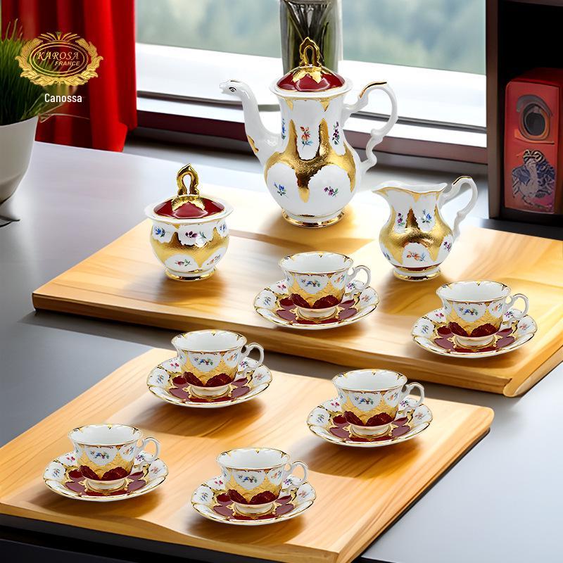 Karosa European Relief Gold Coffee Cup Set - Luxury Gold-Trimmed High-Temperature Bone China Cups & Saucers in Gift Box