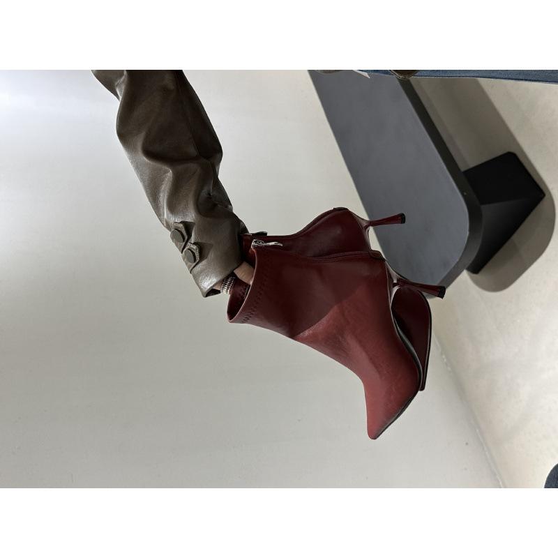 

Супер длина ноги 2025 новые темпераментные сапоги на высоком каблуке сапоги на тонком каблуке простые эластичные сапоги корейская версия универсальные короткие сапоги для женщин 39 бордовый