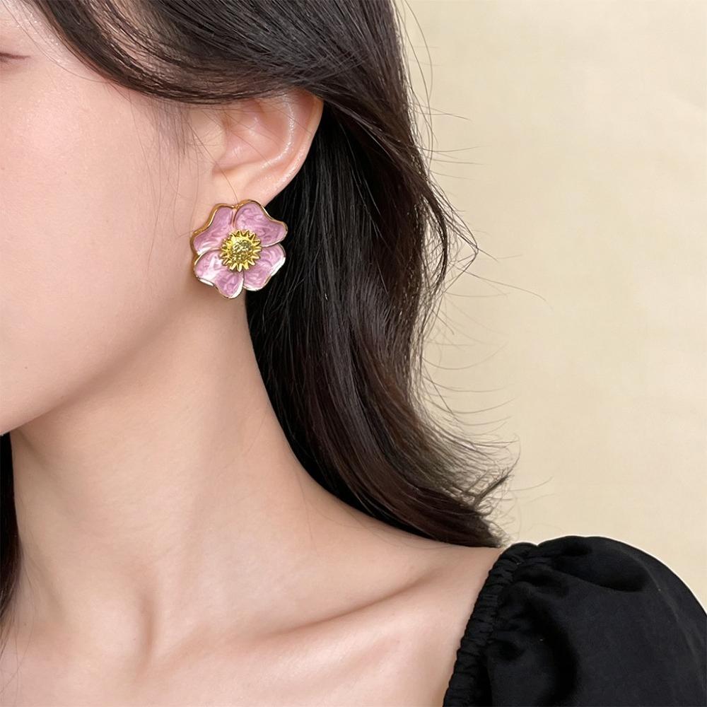 Retro Oil Painting Flower Earrings French Super Fairy Purple Oil Drop Earrings High-end Earrings