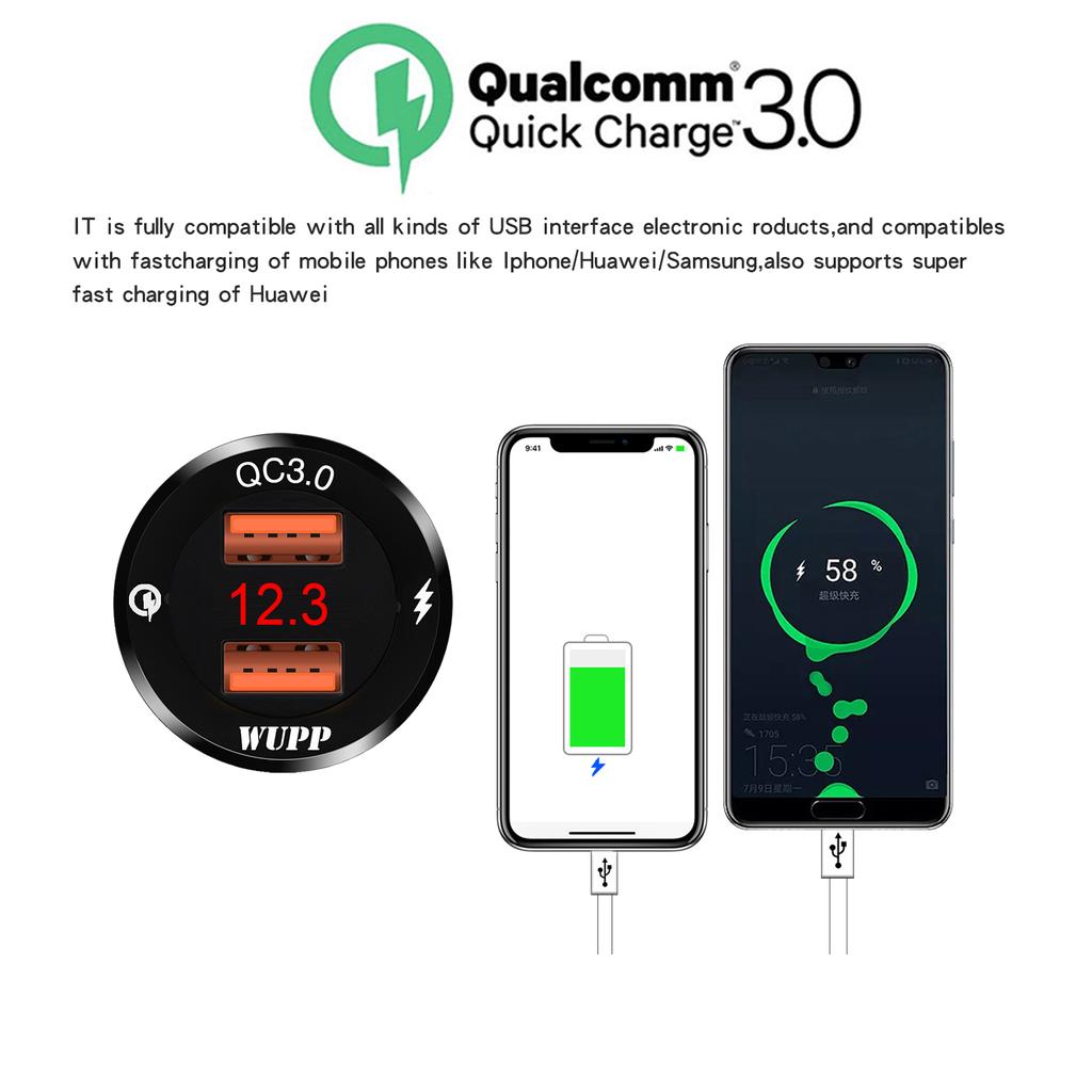 Waterproof Mobile Phone Charging Voltage Meter 12V/2A QC 2.0/3.0 USB Charger Socket for Car Boat Motorcycle Dual USB Power Outlet with LED Digital