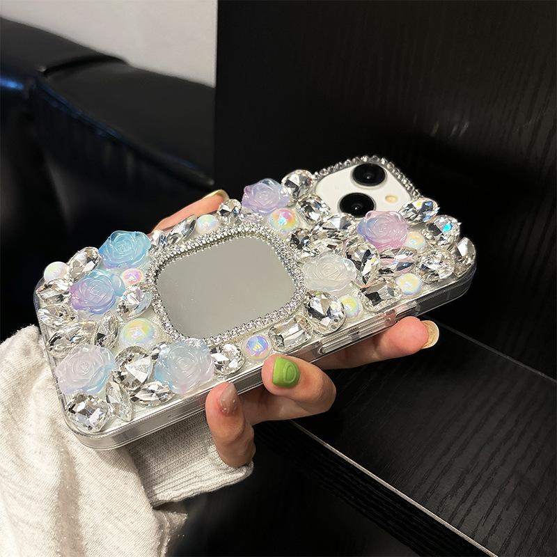 

Applicable To Apple 17Promax Square Glass Mirror Mobile Phone Case Flower Rhinestone Iphone15 Acrylic Hard Case iPhone 17Promax