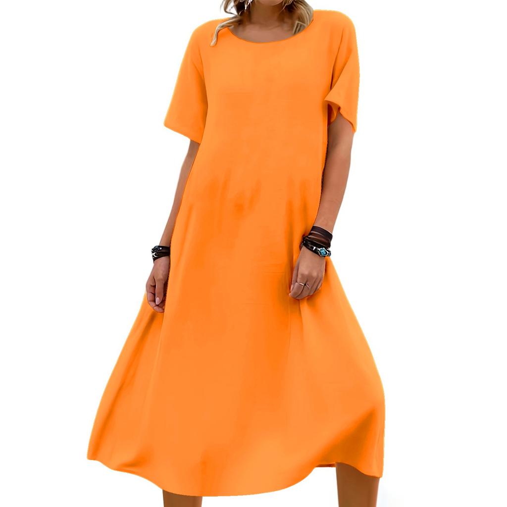 Modisches Damen-Freizeitkleid in Urlaubsfarbe, Rundhals, Kurzarm, Locker