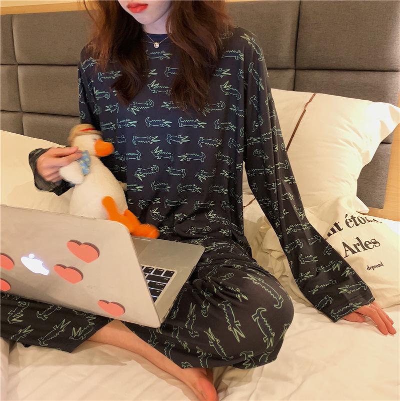 Women's Cute Cartoon Long Sleeve Pajama Set – Comfortable Thin Style for Spring, Autumn, and Winter, Wearable Outdoors