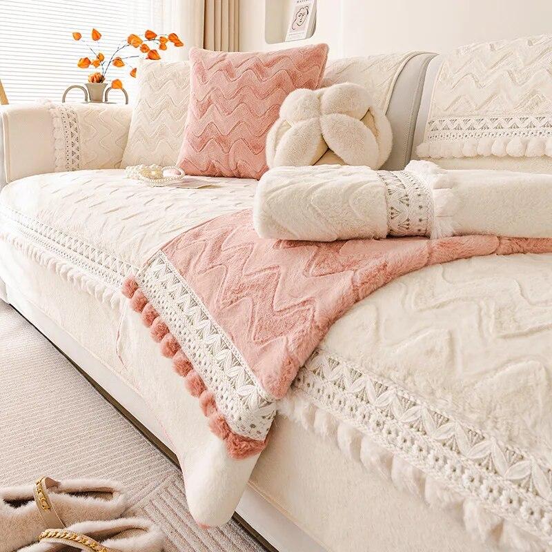 French Cream Style Sofa Cushion Autumn and Winter Plush Anti Slip Sofa Cover