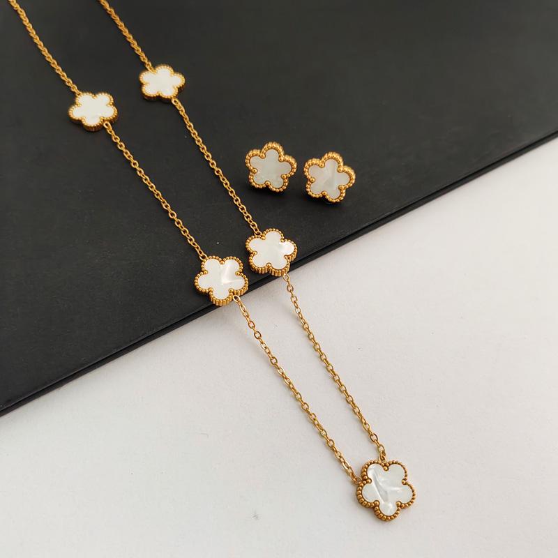 Double-sided Plant  Flower Necklace Earrings Zircon Set for Women Stainless Steel Water Proof Clover Zircon Gifts